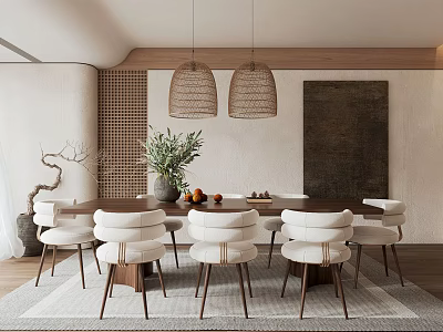 Modern Minimalist Dining Room Interior With Woven Pendant Lights Wooden Table And White Chairs 3d model