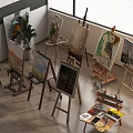 Art Supplies Display In Bright Room With Easels Paints Brushes Palettes And Plants