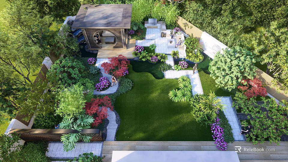 Rockery Stones Featured In Lush Garden Design With Green Lawn And Colorful Plants 3d model 