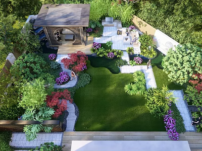 Rockery Stones Featured In Lush Garden Design With Green Lawn And Colorful Plants 3d model
