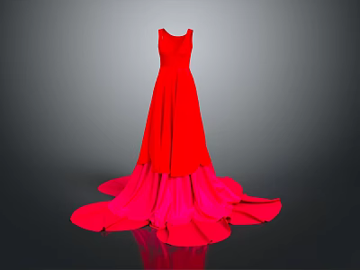 Elegant Red Evening Dress With Pink Gradient Train And Flowy Design 3d model