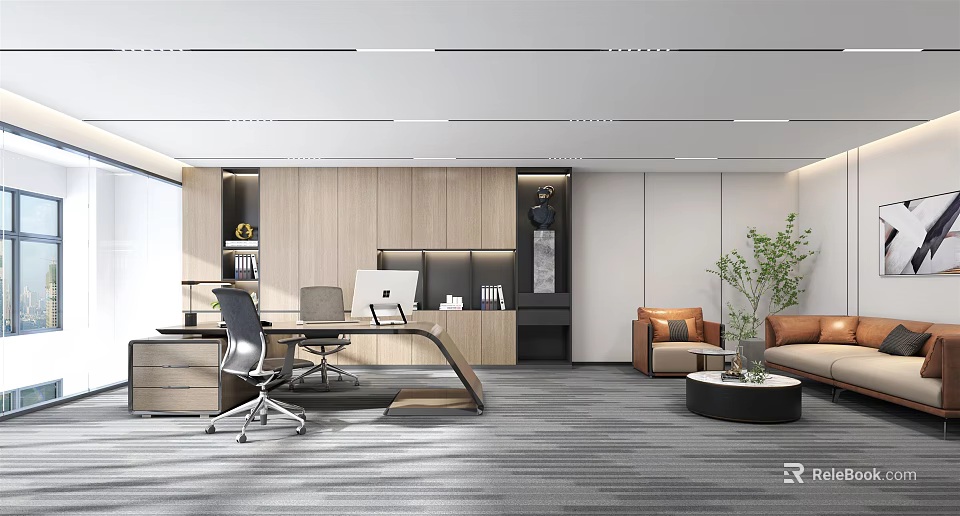 Modern Office Interior With Open Layout Wooden Desk Computer Sofa And Green Plant 3d model 