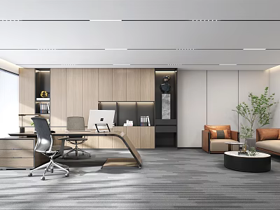 Modern Office Interior With Open Layout Wooden Desk Computer Sofa And Green Plant 3d model
