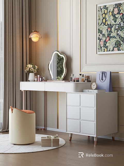 White Dressing Table With Decorative Mirror Cosmetics Stool Flower Vase And Wall Art 3d model 