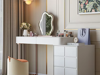 White Dressing Table With Decorative Mirror Cosmetics Stool Flower Vase And Wall Art 3d model