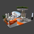 Modern Orange White Exhibition Booth With Tables Chairs Digital Display And Green Plants