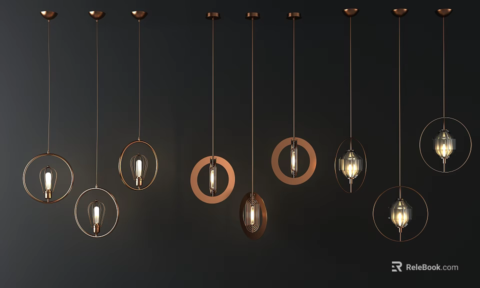 Modern Stylish Hanging Chandeliers With Copper Circular Frames And Transparent Bulbs 3d model