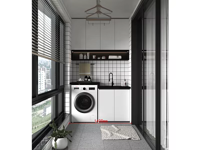 Modern Home Balcony Laundry Area With Washing Machine Sink Cabinets And Green Plant 3d model
