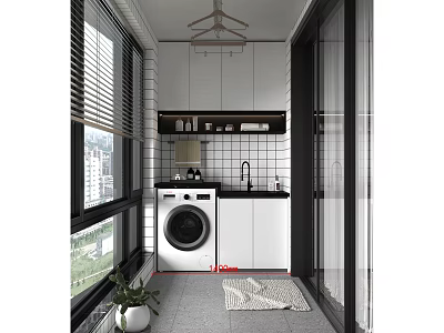 Modern Home Balcony Laundry Area With Washing Machine Sink Cabinets And Green Plant 3d model