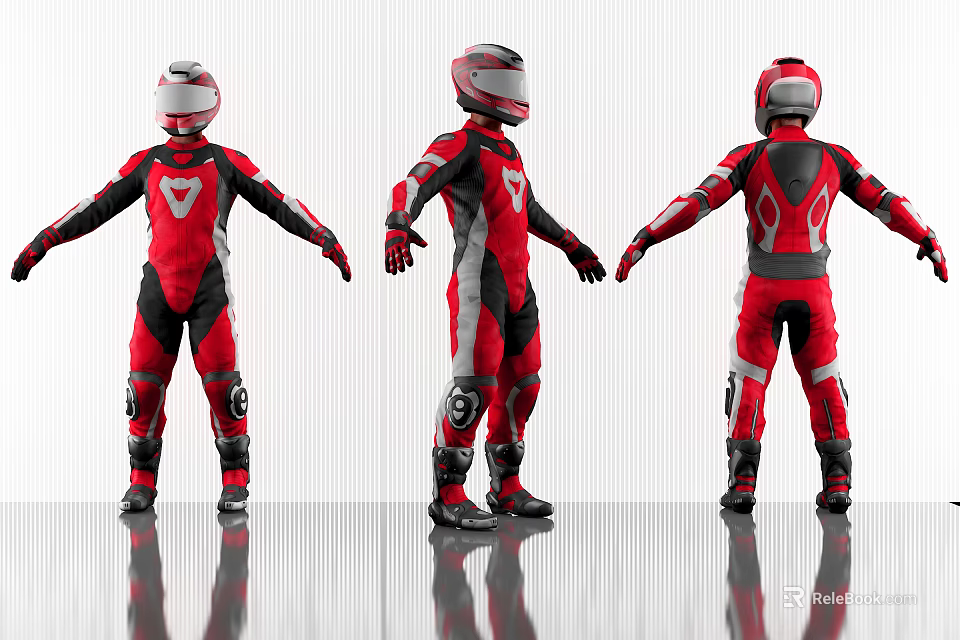 Man in Red and Black Motorcycle Suit With Helmet Front Side and Back Views 3d model 
