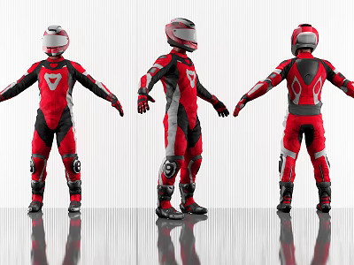 Man in Red and Black Motorcycle Suit With Helmet Front Side and Back Views 3d model