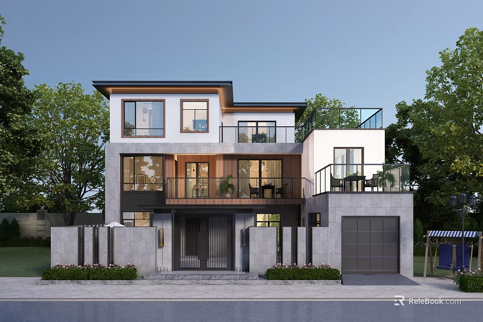 Modern Two Story Detached Villa With Balcony Garage And Greenery 3d model 