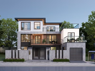 Modern Two Story Detached Villa With Balcony Garage And Greenery 3d model