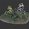Three Detailed Multi Legged Mechanical Creatures In Action Poses On Rock Base