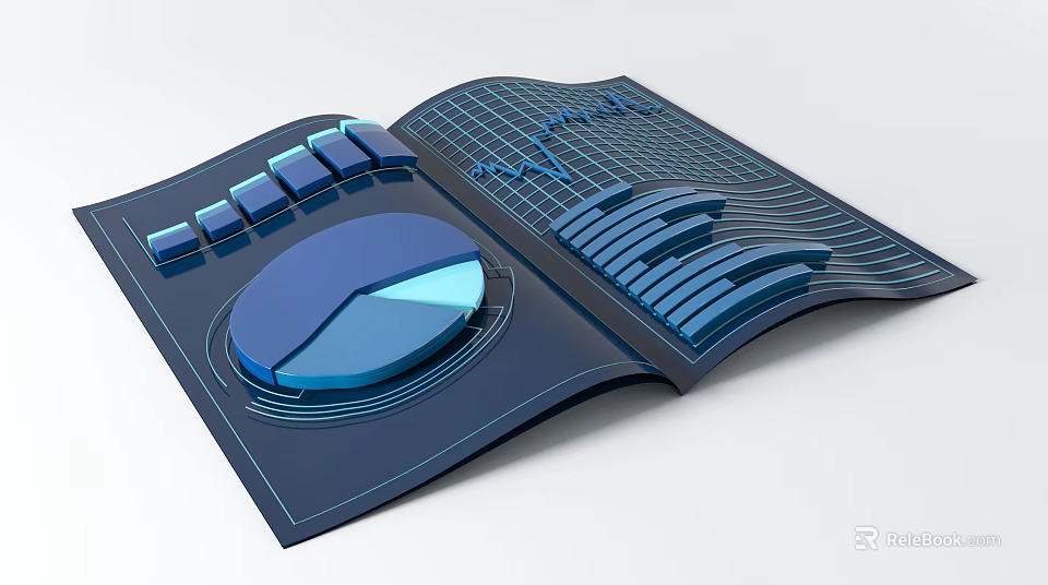 Open Book With Pie Chart Bar Graph Line Graph And Grid Background Data Visualization 3d model 