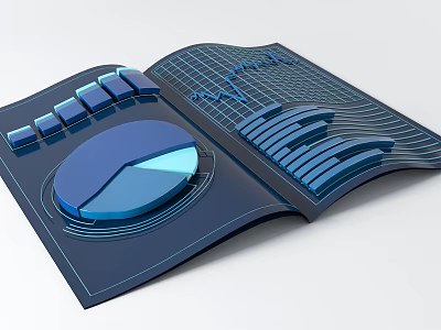 Open Book With Pie Chart Bar Graph Line Graph And Grid Background Data Visualization 3d model