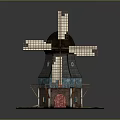 Detailed Windmill Model With Wooden Structure Black Roof Blue Walls And Red Door