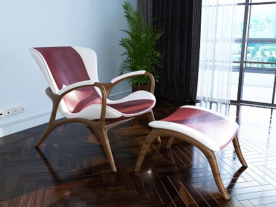 Red And White Modern Leisure Chair With Wooden Frame And Ottoman In Living Room 3d model