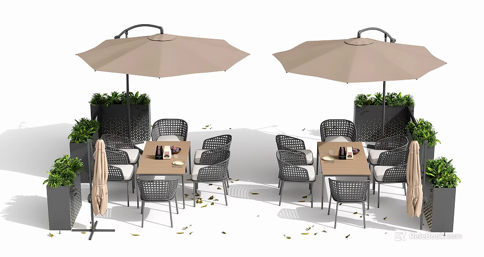 Outdoor Dining Tables with Chairs and Umbrellas in Garden Setting with Green Plants 3d model 