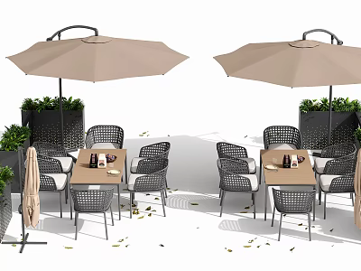 Outdoor Dining Tables with Chairs and Umbrellas in Garden Setting with Green Plants 3d model