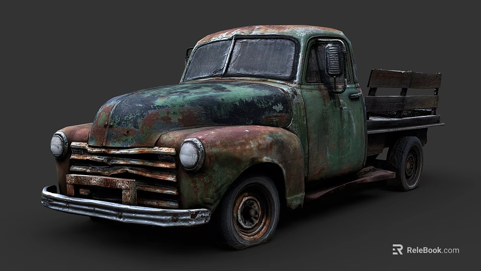 Old Rusted Green Vintage Pickup Truck With Worn Exterior Design 3d model 