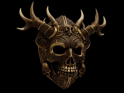 Ornate Metal Skull Mask Decor With Horns And Intricate Carvings 3d model