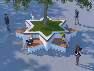 Star Shaped Outdoor Seating Area With Central Tree And Benches For Public Relaxation 3d model