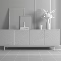 Modern TV Stand with Geometric Patterned Doors Metal Legs and Decorative Paintings Green Plant