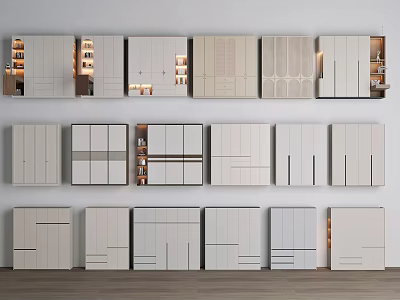 Modern White Wardrobe Collection With Diverse Door Designs And Storage Compartments 3d model