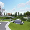 Scenic Park Landscape With Circular Pathways Lush Lawns Trees And Central Sculpture