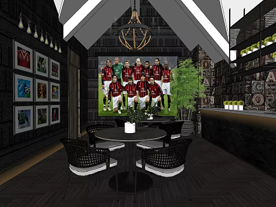 Stylish Bar Interior With Football Team Photo Decor Wooden Walls And Green Plants 3d model