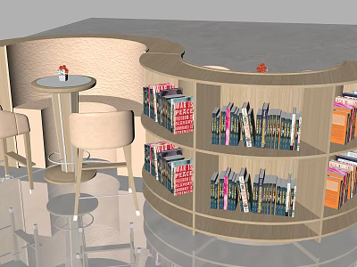Modern Curved Bookshelf Filled With Various Books And Accompanied By Round Table And Chairs 3d model