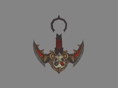 Dark Metallic Double Bladed Axe With Skull Decoration And Red Glowing Elements 3d model