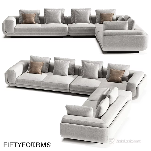 Modern Double Sofa With Light Gray Fabric And Multiple Decorative Pillows 3d model 