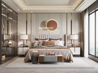 Elegant Modern Bedroom Interior With Upholstered Bed Round Mirrors Bedside Lamps And Area Rug 3d model