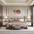 Elegant Modern Bedroom Interior With Upholstered Bed Round Mirrors Bedside Lamps And Area Rug