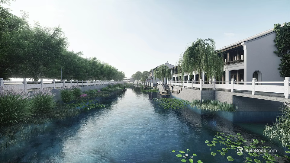 Ancient Architecture Along the Canal with Willow Trees and Stone Railings 3d model 