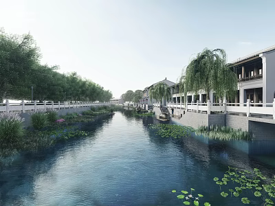 Ancient Architecture Along the Canal with Willow Trees and Stone Railings 3d model