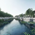 Ancient Architecture Along the Canal with Willow Trees and Stone Railings