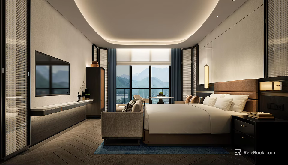 Modern Hotel Guest Room Interior With Large Windows Mountain View Comfortable Bed And Sofa 3d model 