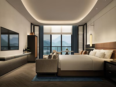 Modern Hotel Guest Room Interior With Large Windows Mountain View Comfortable Bed And Sofa 3d model