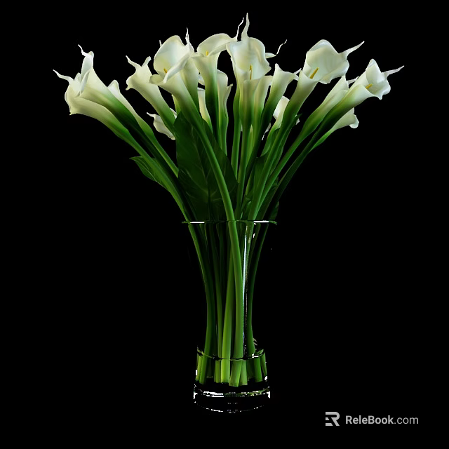 Transparent Glass Vase With White Calla Lilies And Green Stems On Black Background 3d model 