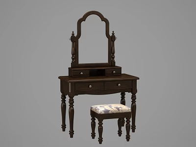 Traditional Wooden Dressing Table With Arched Mirror Drawers And Matching Stool With Patterned Seat 3d model