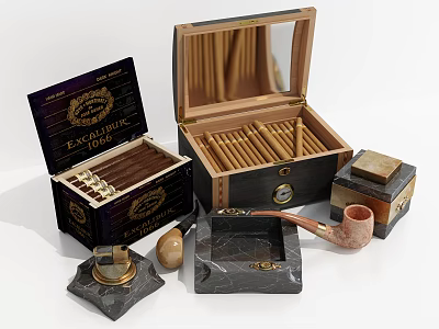 Premium Cigar Accessories Set With Wooden Boxes Pipe Ashtray And Lighter 3d model
