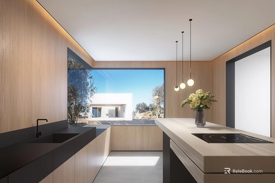 Modern Kitchen Interior Design With Wooden Cabinets Island Hanging Lights And Large Window 3d model 