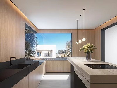 Modern Kitchen Interior Design With Wooden Cabinets Island Hanging Lights And Large Window 3d model