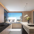 Modern Kitchen Interior Design With Wooden Cabinets Island Hanging Lights And Large Window