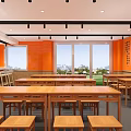 Open Restaurant Interior With Wooden Dining Tables Orange Walls And Landscape Decor