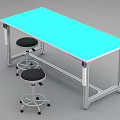 Functional Table with Blue Tabletop Metal Frame and Wheeled Stools