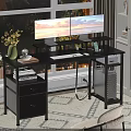 Modern Computer Desk with Dual Monitors Purple Lighting Yellow Flowers Drawers and Computer Tower